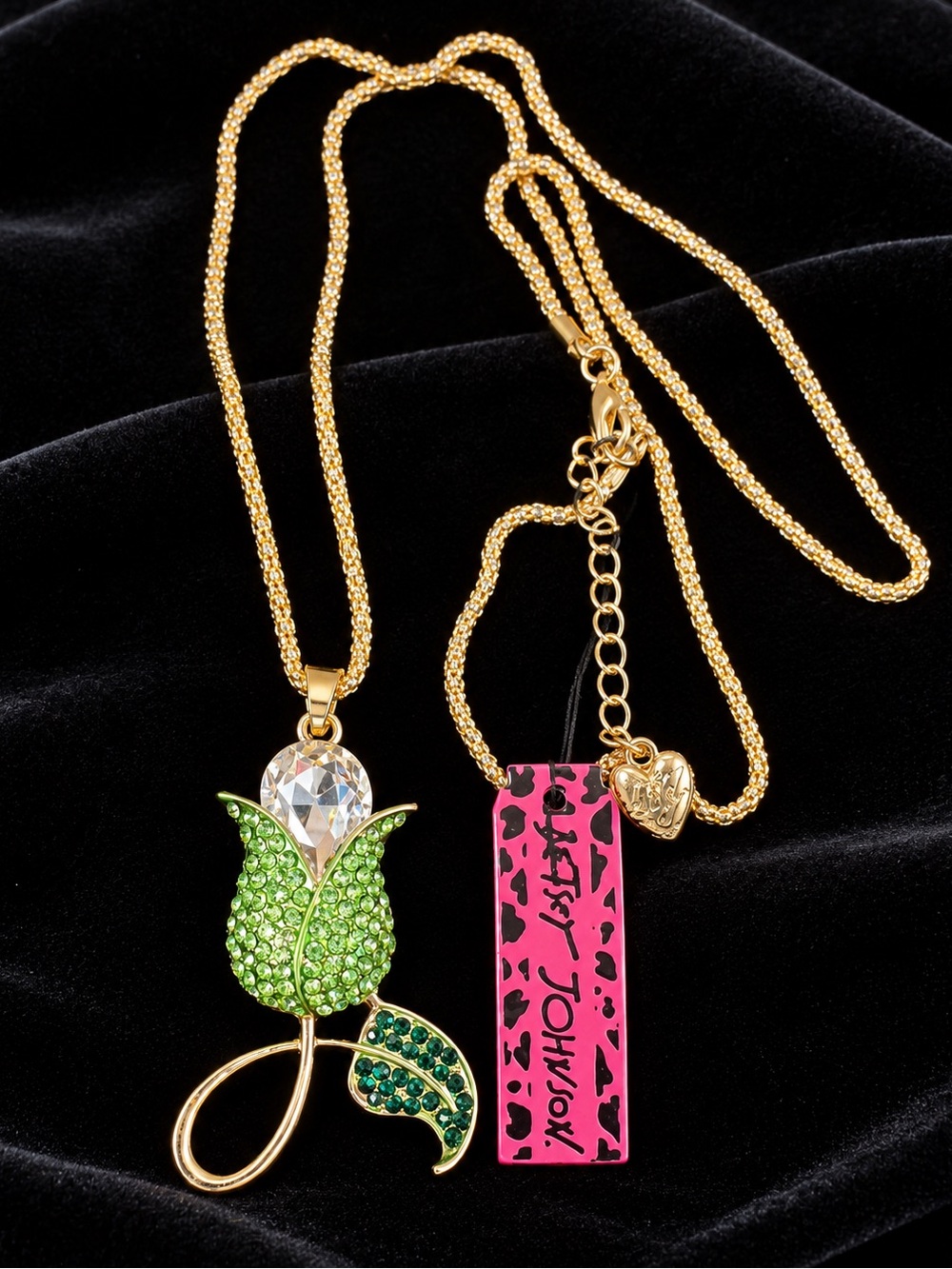 Betsey Johnson Gold & Green Rhinestone Crystal Tulip Pendant Long Necklace NWT